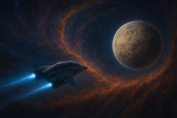 Advanced spacecraft with glowing engines venturing through a vibrant, swirling nebula towards a newly discovered exoplanet, showcasing the awe and wonder of deep space exploration.