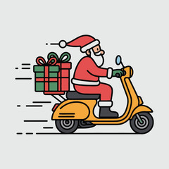 Santa Claus riding a yellow scooter delivering a green and red gift box Christmas present