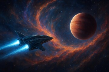 Advanced spacecraft with glowing engines venturing through a vibrant, swirling nebula towards a newly discovered exoplanet, showcasing the awe and wonder of deep space exploration.