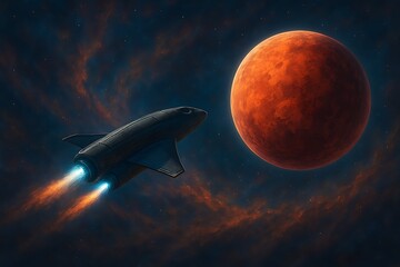 Advanced spacecraft with glowing engines venturing through a vibrant, swirling nebula towards a newly discovered exoplanet, showcasing the awe and wonder of deep space exploration.