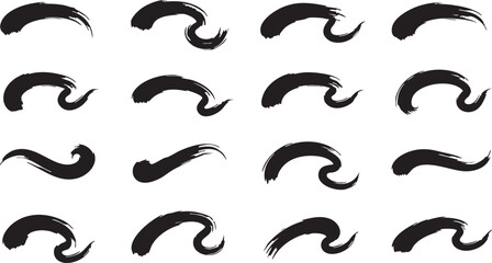 Collection of black paint brush strokes abstract curved and swirling elements with rough texture