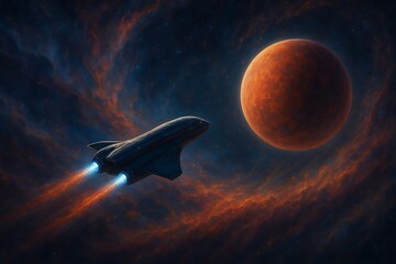 Advanced spacecraft with glowing engines venturing through a vibrant, swirling nebula towards a newly discovered exoplanet, showcasing the awe and wonder of deep space exploration.