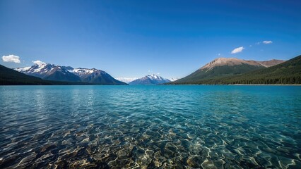 Scenic view of a lake surrounded by snow-capped mountains under a clear blue sky.