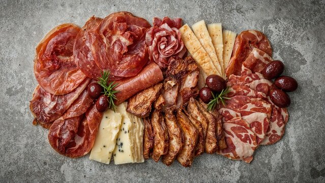 Assorted meat and cheese platter with cured meats, cheeses, grapes, and herbs.