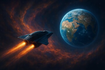 Advanced spacecraft with glowing engines venturing through a vibrant, swirling nebula towards a newly discovered exoplanet, showcasing the awe and wonder of deep space exploration.