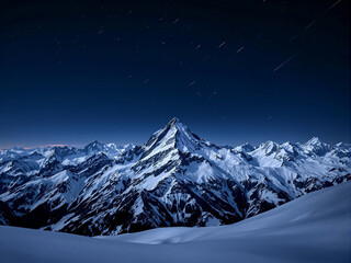 Snowy winter mountains at night under a starry sky