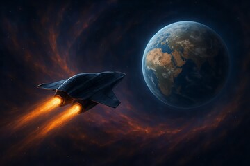 Advanced spacecraft with glowing engines venturing through a vibrant, swirling nebula towards a newly discovered exoplanet, showcasing the awe and wonder of deep space exploration.