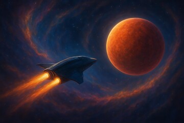 Advanced spacecraft with glowing engines venturing through a vibrant, swirling nebula towards a newly discovered exoplanet, showcasing the awe and wonder of deep space exploration.