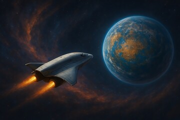 Advanced spacecraft with glowing engines venturing through a vibrant, swirling nebula towards a newly discovered exoplanet, showcasing the awe and wonder of deep space exploration.