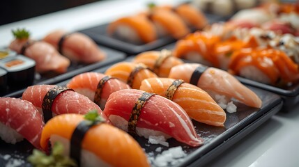 Sushi Variety Platter: A tempting close-up of a sushi assortment on elegant black plates, showcasing colorful and fresh ingredients with a focus on Japanese cuisine's artful presentation.