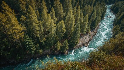 Aerial view of a river flowing through a dense forest with tall green trees along the riverbank.