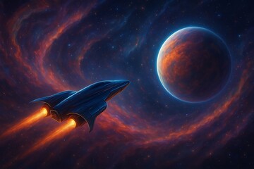 Advanced spacecraft with glowing engines venturing through a vibrant, swirling nebula towards a newly discovered exoplanet, showcasing the awe and wonder of deep space exploration.