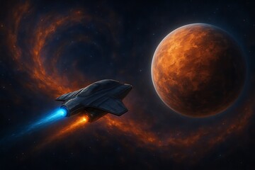 Advanced spacecraft with glowing engines venturing through a vibrant, swirling nebula towards a newly discovered exoplanet, showcasing the awe and wonder of deep space exploration.