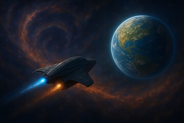 Advanced spacecraft with glowing engines venturing through a vibrant, swirling nebula towards a newly discovered exoplanet, showcasing the awe and wonder of deep space exploration.