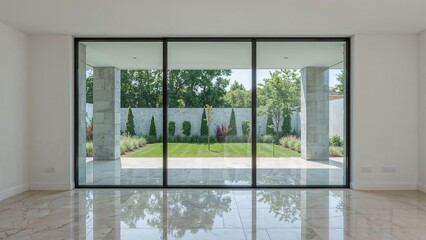 Fototapeta premium Image of a modern room with large glass sliding doors opening to a garden, featuring green trees and a well-maintained lawn.