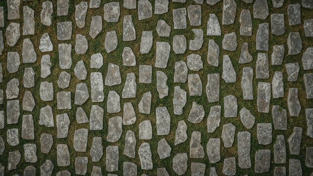Cobblestone paving with irregular shaped stones forming a pattern on the ground.