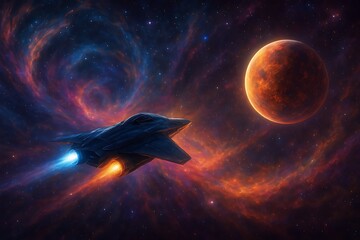 Advanced spacecraft with glowing engines venturing through a vibrant, swirling nebula towards a newly discovered exoplanet, showcasing the awe and wonder of deep space exploration.