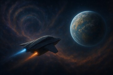 Advanced spacecraft with glowing engines venturing through a vibrant, swirling nebula towards a newly discovered exoplanet, showcasing the awe and wonder of deep space exploration.