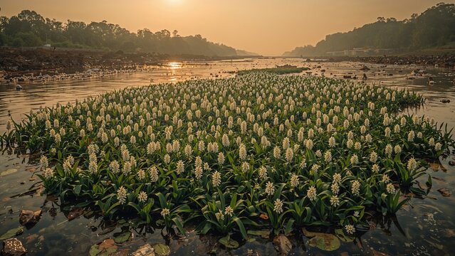 A cluster of flowering plants in a waterbody during sunset with surrounding trees and distant hills, capturing nature and landscape.