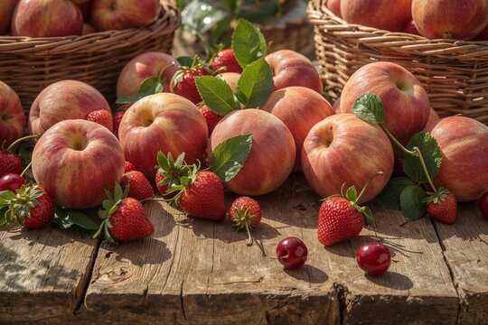 Fresh harvest of apples, strawberries and cherries