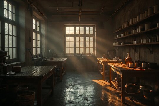 Sunlit rustic studio with pottery tools