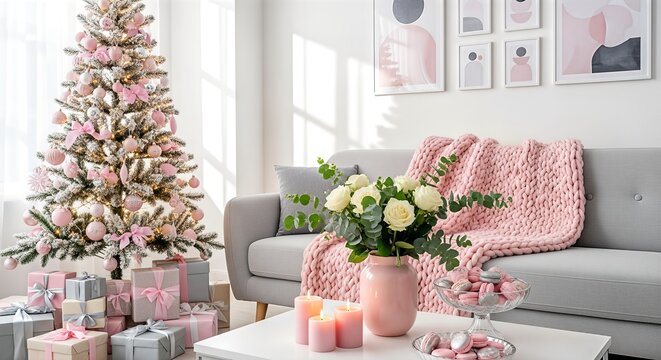 Stylish living room with a pink Christmas tree decor