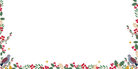Decorative holiday border featuring holly, berries, golden leaves, branches, and two birds along the bottom, creating a festive and elegant seasonal frame isolated on transparent background.