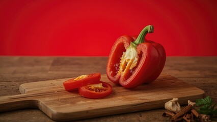 Red bell pepper on a cutting board with slices, garlic, and spices, against a red background. © Sona