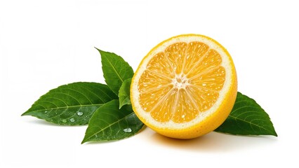 Halved lemon with green leaves on a white background.