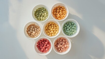 Colorful cereal pieces in bowls arranged in a circle.