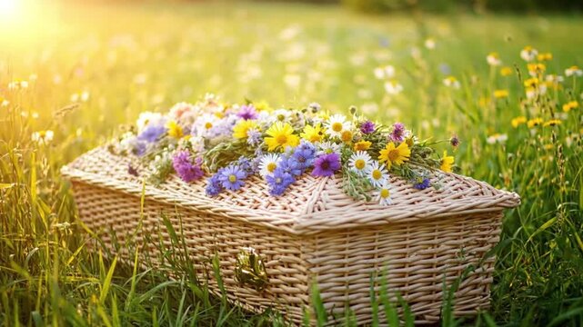 Wicker casket adorned with colorful wildflowers rests peacefully in a sunlit meadow.