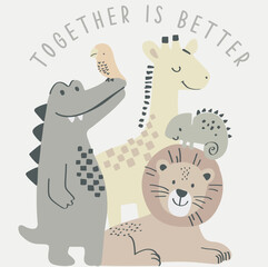 Obraz premium Lion king with crocodile and giraffe with bird and slogan together with friends white background.