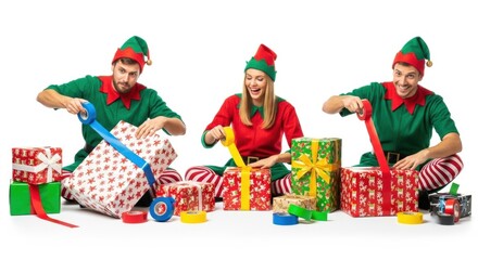 Elves wrapping Christmas presents with colorful ribbons, sitting on floor with pile of gifts. Christmas presents preparation involves happy helpers dressed in elf costumes opening boxes, tying bows