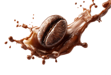 A coffee bean is floating in a splash of chocolate