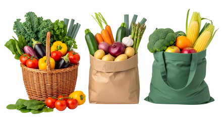 Fresh produce harvest in basket, paper bag, and tote bag offering healthy eating and sustainable lifestyle choices for wellness
