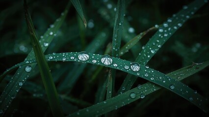 Close-up of green grass with dew drops on blades, captured in natural lighting, showing freshness and moisture. Nature and outdoor scenery. The focus on dewdrops and grass blades.