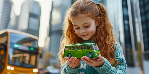 Mädchen hät grünen Spielzeugbus in den Händen uns symbolisiert dadurch die Energiewende im öffentlichen NAhverkehr