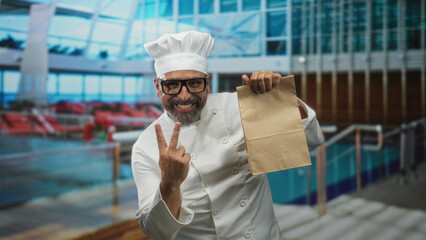 Man chef in white uniform and hat holding a brown paper bag and showing a peace sign with his hand...