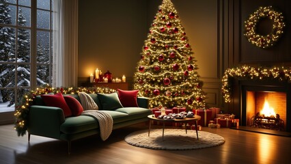 A New Year's tree decorated with lights and toys, a festive atmosphere, and anticipation of New Year's gifts.
