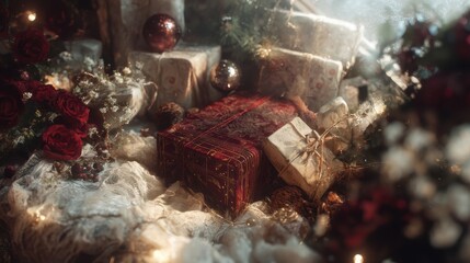 Vintage Christmas Still Life with Wrapped Gifts, Red Roses, and Holiday Decorations