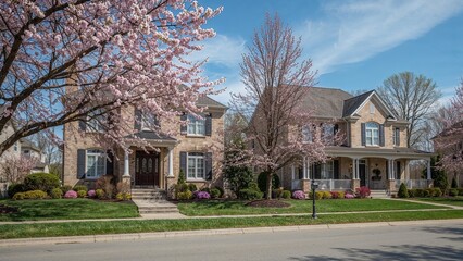 Residential neighborhood with large houses and blooming trees during spring, featuring well-maintained yards and clear blue sky.