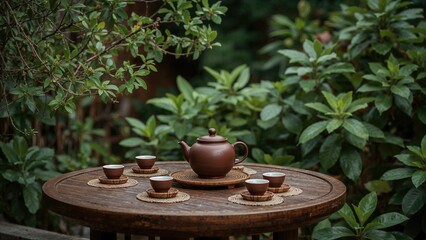 A teapot with six cups on a round wooden table surrounded by lush green foliage.
