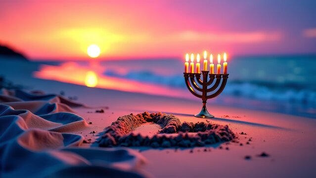 Menorah on beach at sunset with sand heart