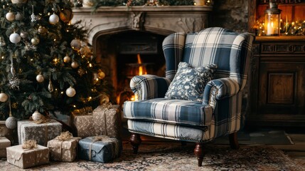 Vintage Christmas Still Life with Wrapped Gifts, Red Roses, and Holiday Decorations
