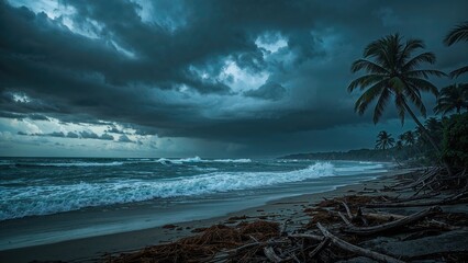 Stormy ocean scene on a tropical beach with palm trees, dark clouds, and rough waves, showcasing a dramatic and moody coastal landscape.