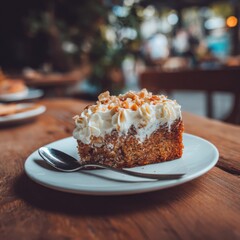 Close-up of a slice of classic cheesecake topped with whipped cream and powdered sugar. This appetizing dessert is presented on a white plate on a rustic wooden table.