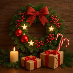 Vintage Christmas Still Life with Wrapped Gifts, Red Roses, and Holiday Decorations