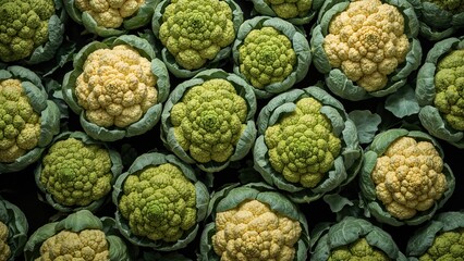 Fototapeta premium Fresh cauliflower with green leaves surrounding the heads. Produce, vegetables, healthy food. The image of cauliflower heads arranged closely together.
