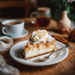 Close-up of a slice of classic cheesecake topped with whipped cream and powdered sugar. This appetizing dessert is presented on a white plate on a rustic wooden table.