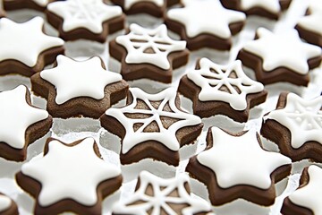Festive star-shaped sugar cookies with white icing on display